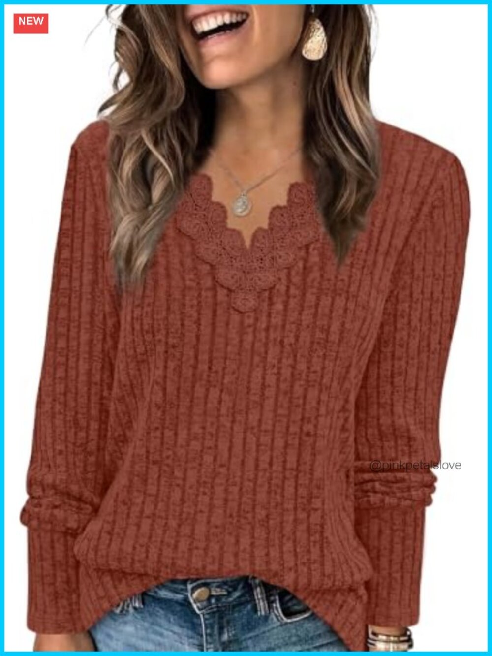 Womens Ribbed Knit V Neck Lace Trim Long Sleeve Tunic Top Fall